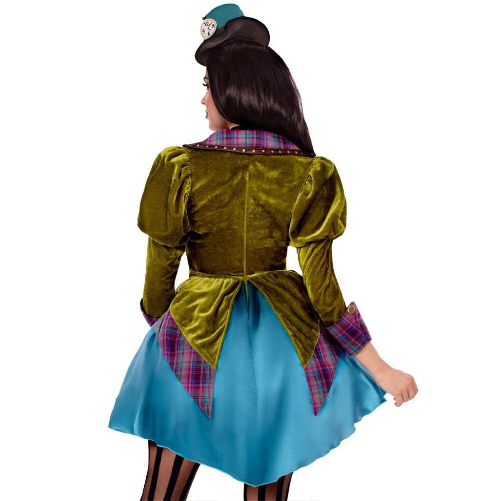 Deluxe Mad Hatter Costume for Women – 3 PC High/Low Velvet Dress with Lace Neck - Picture 2 of 2